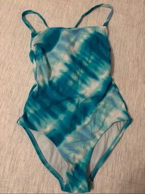 Kona Sol Turquoise/Aqua & White Tie-Dye One-Piece Swimsuit